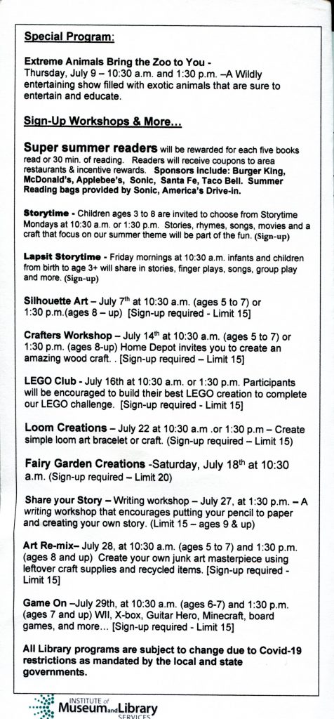 Check out the upcoming events for Kids at the Ada Public Library durnig the month of July. 